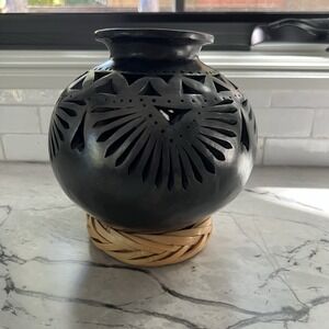 Barro Negro Pierced Pottery Vase / Oaxaca Mexico / With Basket Base